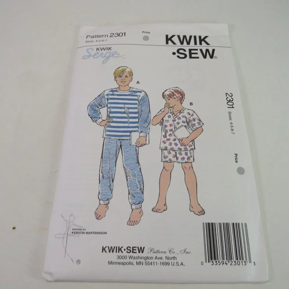 Kwik Sew 2301 sewing pattern pajamas, top, shorts, pants UNCUT size 4-7 kid
